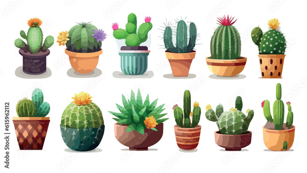 Set of different of colorful cactus in flower pots Set of different of colorful cactus in flower pots
