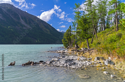 Kucherla lake. Altai Mountains, Russia. Sunny summer day.