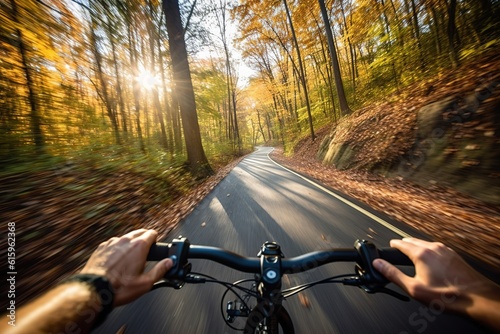 Point of view of cyclist riding in road in the forest. Vertical shot