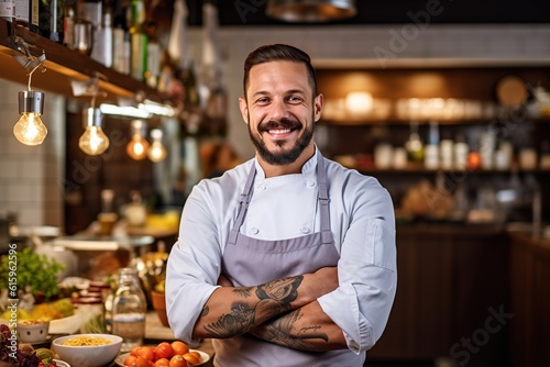 Attractive young chef posing with a smile in front his restaurant kitchen