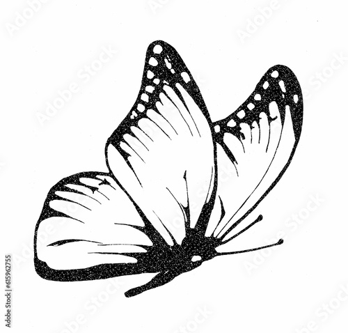 A black and white illustration of a butterfly side on