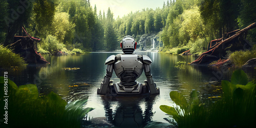 The robot stands in the water of a forest river. Generative AI