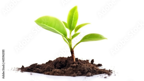 Young plant on soil isolated on white created with Generative AI technology