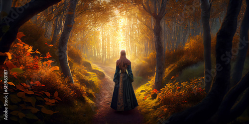 A fabulous young woman - a princess stands on a path in an old park or a magical forest, view from the back. Generative AI