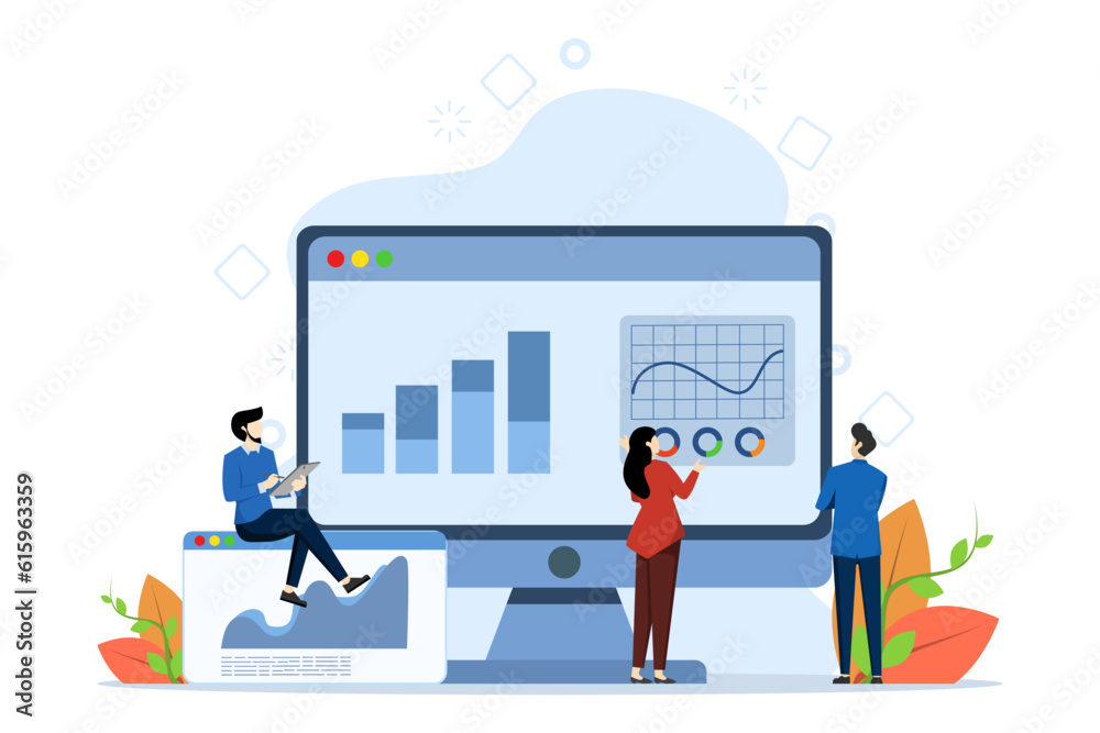 Data Analyst Concept, Showing a group of Data scientists researching big data statistics, UI, web, app intro card, editorial, flyer and banner, Flat Vector Illustration. Data Analyst Concept, Showing a group of Data scientists researching big data statistics, UI, web, app intro card, editorial, flyer and banner, Flat Vector Illustration.