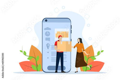Online Delivery Service Concept, Showing package delivery courier to customer, Suitable for landing page, UI, web, app intro card, editorial, flyer and banner, Flat Vector Illustration.