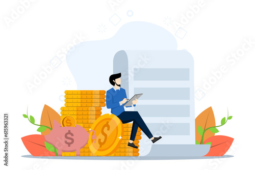 concept of financial wealth, investment success. happy people character make money. Cartoon millionaire or banker holding big coin. Financial growth, flat vector illustration on a white background.