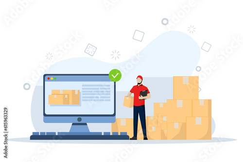 warehouse management concept. The warehouse manager maintains shipment records. Inventory control and product warehouse are still being examined. Flat Vector illustration on white background.