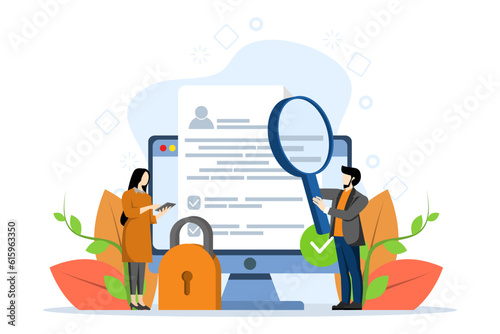 Terms and conditions concept. People sign documents, protect personal data, check documents. Concept of account security, privacy policy, user consent. Vector illustration in flat design.