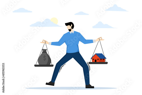 Balancing housing costs. Businessman balancing dollar and house. balance housing costs and income. money scales and house. flat vector illustration on a white background.