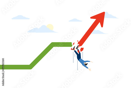Economic downturn. The impact of the economic and financial crisis. falling chart. financial collapse. Businessman falls off broken green chart chart and turns red. flat vector illustration.