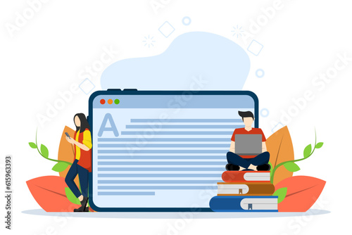 Concept of reading ebooks, book archive, modern online education. People or students standing and studying text with e-book. Digital library services. Vector illustration in flat design