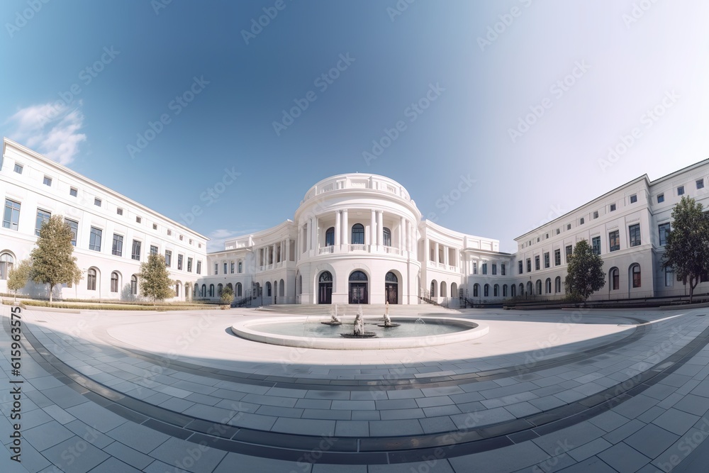 Panoramic fish eye view of white exterior historical building of government residence