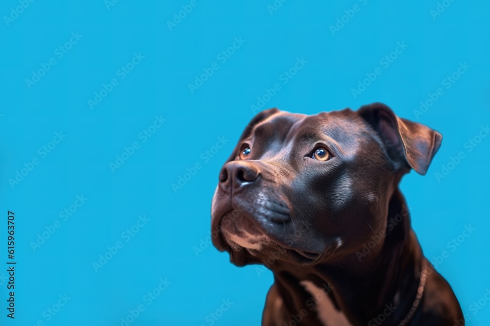 Pitbull mixed race dog headshot over light blue background with copy space Pitbull mixed race dog headshot over light blue background with copy space