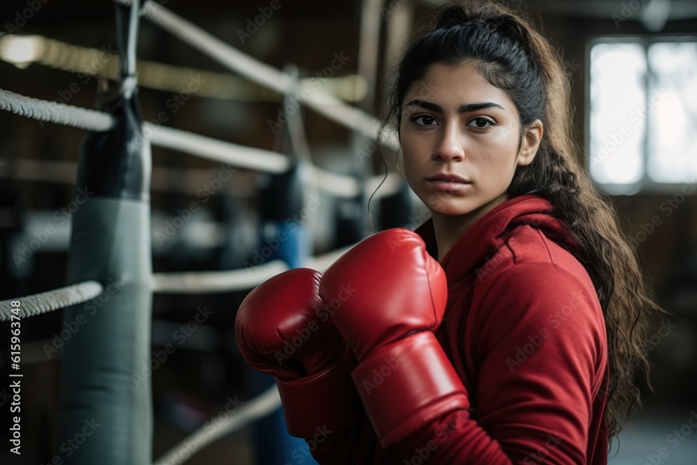 Young Latina boxer posing with gloves and looking at camera