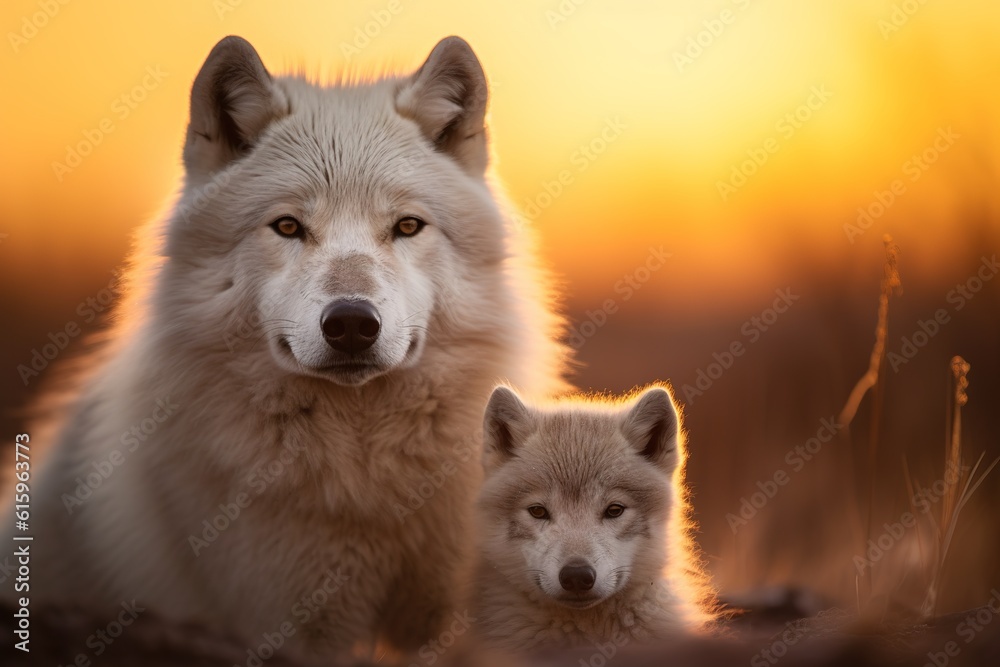 Artic white wolf mom with her baby wolf posing in outdoors looking at camera Artic white wolf mom with her baby wolf posing in outdoors looking at camera