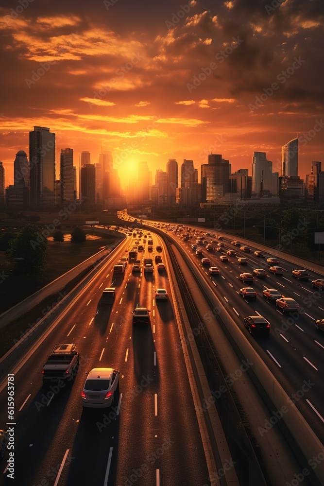 Golden sunset aerial view of city motorway. Vertical shot