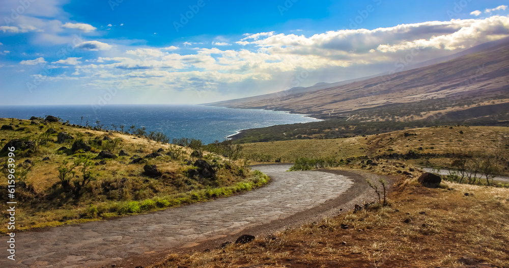 Breathtaking view of the coast from the winding Piilani Highway in Maui, Hawaii