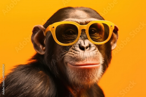 Add some personality to your designs with this unique monkey in glasses and a polka dot tie. A close-up portrait with eyes full of character. AI Generative.