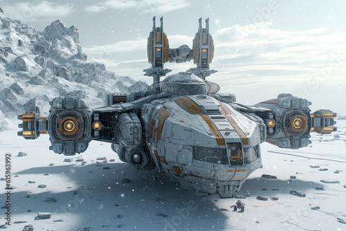 Fototapeta Naklejka Na Ścianę i Meble -  a sci - themed space station in the middle of a snowy mountain area with rocks and snow on the ground