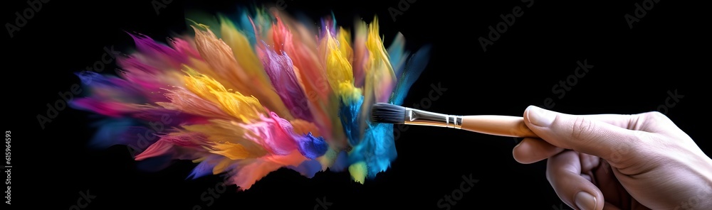 Obraz premium Beautiful hand holding a brush, painting, drawing a colorful flower on an abstract black background, creative, banner, AI generated
