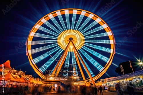 The iconic Oktoberfest Ferris wheel brilliantly lit against the night sky. Productive AI