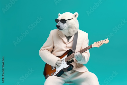 Foto polar bear wearing suit playing electric guitar created with Generative AI techn