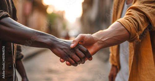Close up multiracial man couple with African and Caucasian hands holding each other wrist in tolerance and anti racism concept, nature street background, AI Generated