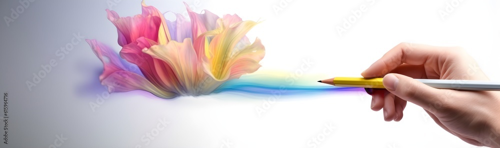Beautiful hand holding a pencil, painting, drawing a colorful flower on an abstract white background, creative, banner, AI generated