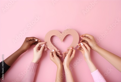 multiracial African, Caucasian hands holding each other, making a heart shape, tolerance and anti racism concept, modern pink background, AI Generated