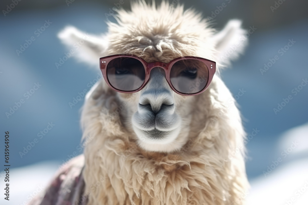 alpaca wearing sunglasses in winter