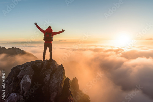 A hiker on top of a mountain at sunset or sunrise, raising his arms, enjoying his climbing success and freedom, looking towards the horizon above a sea of clouds - Generative AI