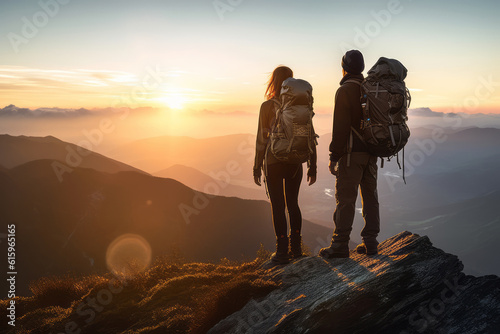 Couple of man and woman hikers on top of a mountain at sunset or sunrise, together enjoying their climbing success and the breathtaking view, looking towards the horizon - Generative AI