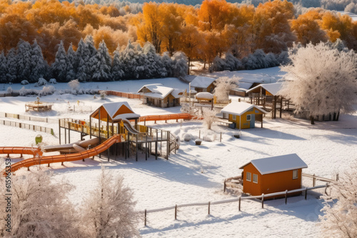 playground in autumn with snow