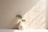 Minimalistic abstract gentle light beige background for product presentation with light andand intricate shadow from the window and vegetation on wall. Ai Generated.