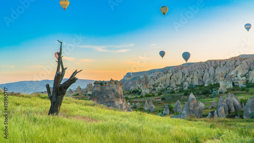 Cappadocia Turkey. Hot air balloons flying over fairy chimneys at sunrise in Cappadocia. Travel to Turkey. Touristic landmarks of Turkiye. Selective focus included. © Mete Caner Arican
