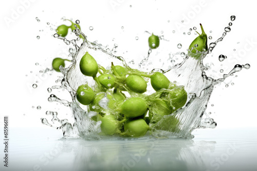 water splash with Green peas isolated on white created with Generative AI technology