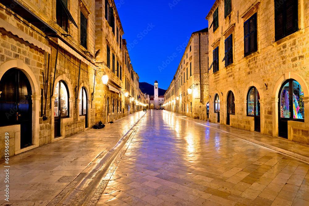 Famous Stradun street in Dubrovnik night view, Dalmatia region of Croatia