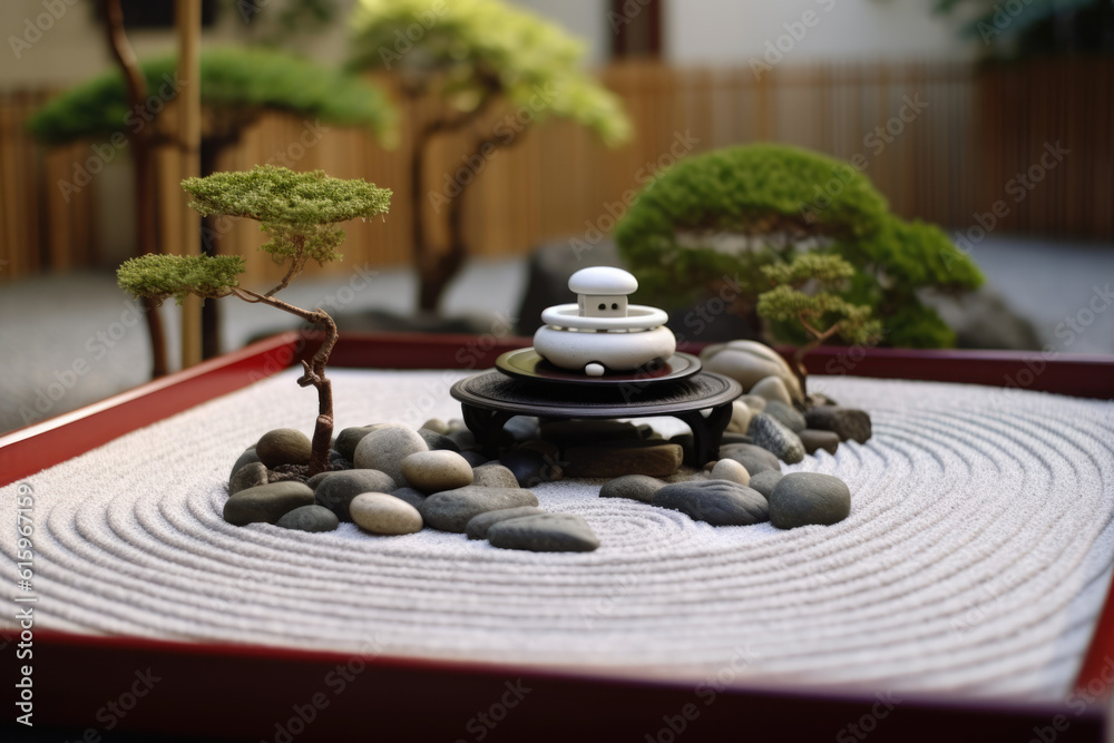  Japanese zen garden with fountain created with Generative AI technology