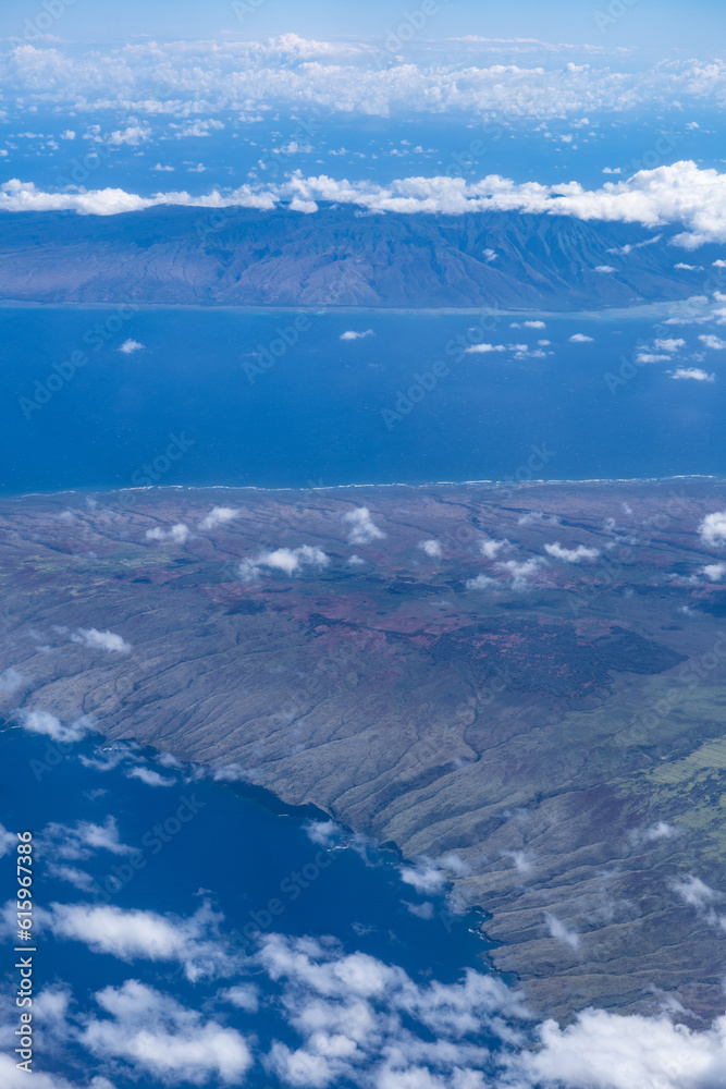 Lanai  island and Molokai island, Hawaii. Aerial photography on the plane. 