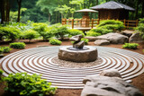 Japanese zen garden with fountain created with Generative AI technology
