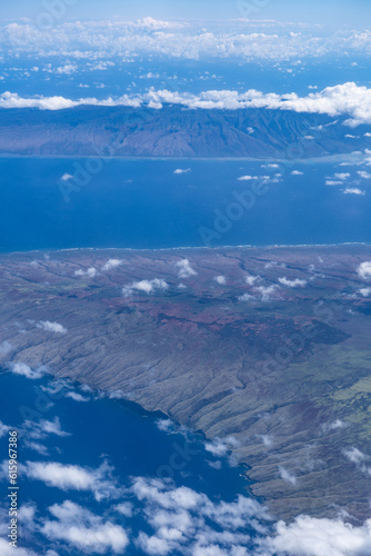 Lanai island and Molokai island, Hawaii. Aerial photography on the plane. 
