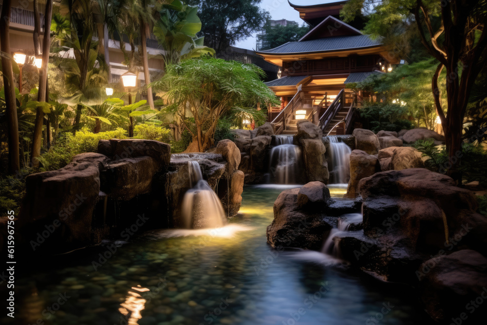 Japanese garden with waterfall created with Generative AI technology Japanese garden with waterfall created with Generative AI technology