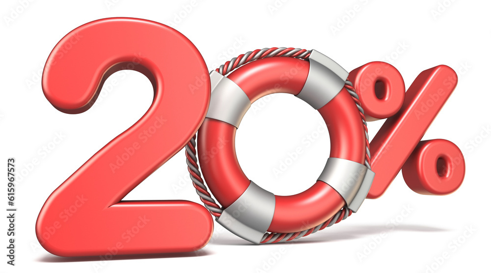 Life buoy 20 percent sign 3D render illustration isolated on white background Life buoy 20 percent sign 3D render illustration isolated on white background