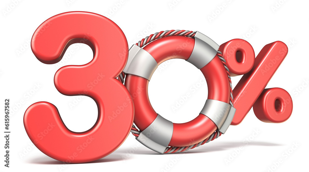 Life buoy 30 percent sign 3D render illustration isolated on white background Life buoy 30 percent sign 3D render illustration isolated on white background