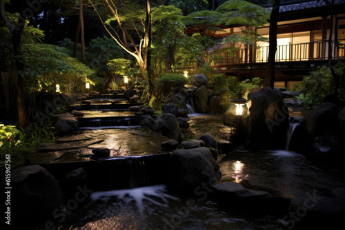 Japanese garden with waterfall created with Generative AI technology