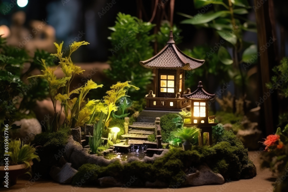 miniature of small zen garden with lantern created with Generative AI technology