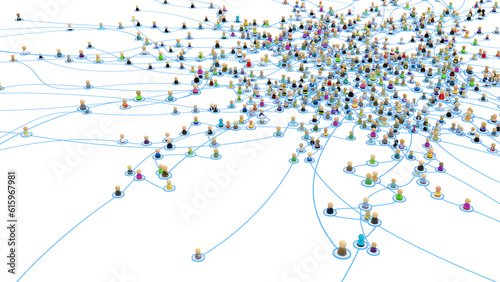 Crowd of small symbolic 3d figures linked by lines