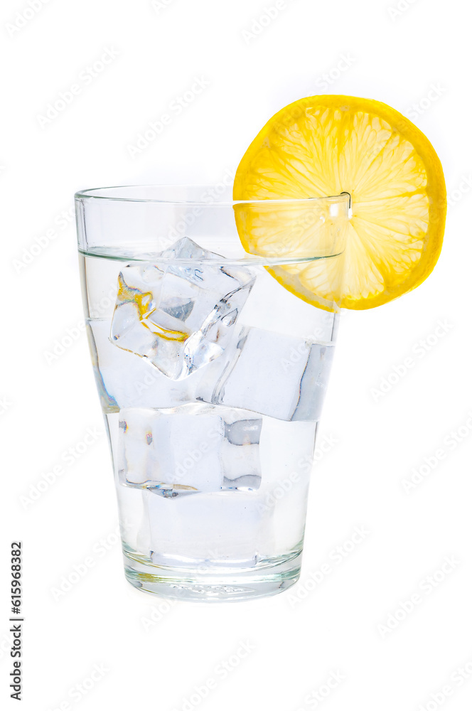 A glass beaker with crystal clear water and ice cubes. Isolated. A glass beaker with crystal clear water and ice cubes. Isolated.
