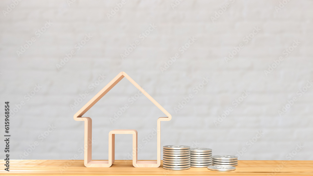 The wood home icon and coins for Real estate concept 3d rendering The wood home icon and coins for Real estate concept 3d rendering